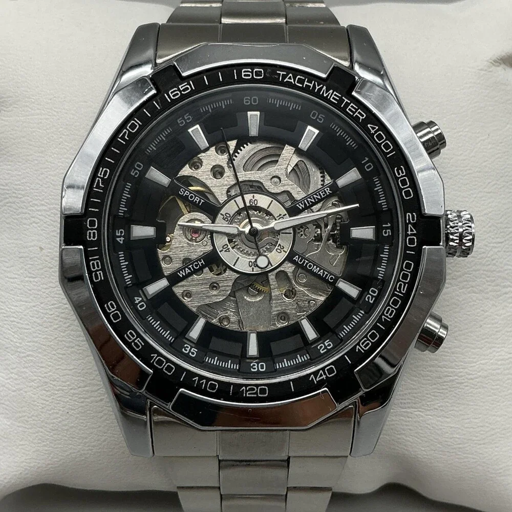 Winner TM340 Mens Watch 47mm Black Skeleton Dial Tachymeter Automatic 8.25